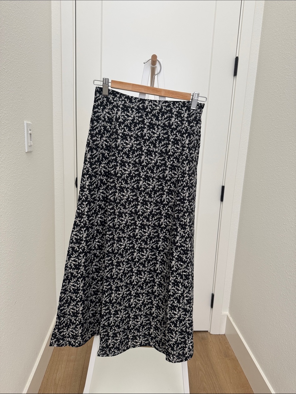 Black and White Floral A-Line Midi Skirt